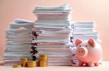 Large stacks of paper documents and piles of gold coins sit next to a pink piggy bank. This represents financial records, savings, and money management concepts.