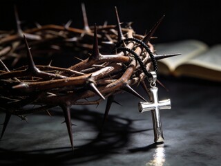 Silver Cross Necklace Resting on a Crown of Thorns with Open Bible in Background perfect for Good Friday Celebration