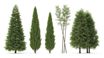 Set of 3D Rendered Trees Isolated on White, Evergreen Forest, Nature Background