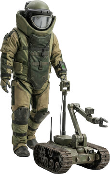 Military specialist wearing heavy bomb disposal suit stands beside an armored tracked robot equipped with a manipulator arm and camera for ordnance inspection EOD robot protective suit