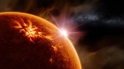 Dazzling Solar Flare Erupting from the Surface of a Vibrant Orange Planet in Cosmic Space Scene