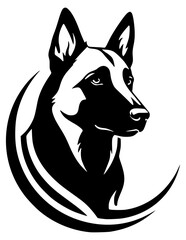 A black and white digital illustration depicting the head of a German Shepherd 