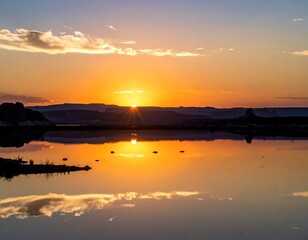 Obraz premium A picturesque sunset over a serene lake, reflecting the golden light