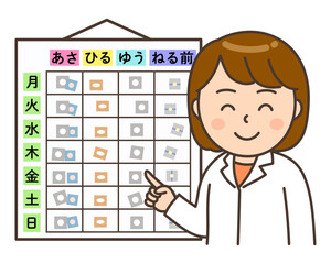 お薬カレンダーをセットして確認する笑顔の女性薬剤師