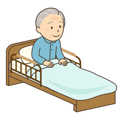 介護ベッドに入ったまま上体を起こしているおじいさん
