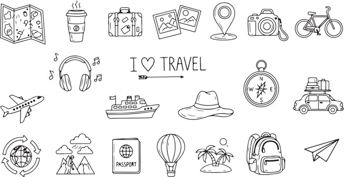 travel doodle hand drawn icon set. vector drawing line clipart symbols eps