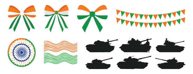 Indian, republic, day, National Festival and Military, tank, or tricolor ribbon bows, Elements Collection Vector Set
