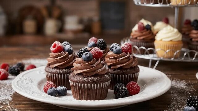 A tempting display of chocolate cupcakes, generously topped with creamy chocolate frosting and an assortment of fresh berries including raspberries, blueberries, and blackberries. The cupcakes are bea