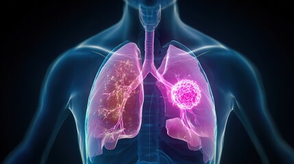 Lung Cancer Awareness and Medical Education Concept. A Detailed 3D Rendering of Diseased Human Lungs with Highlighted Tumor Cells, Symbolizing Illness, Oncology, and Healthcare. Suitable for Education