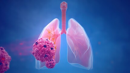 Lung Cancer Awareness and Medical Education Concept. A Detailed 3D Rendering of Diseased Human Lungs with Highlighted Tumor Cells, Symbolizing Illness, Oncology, and Healthcare. Suitable for Education