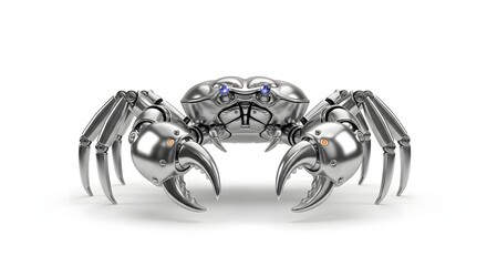 Detailed metallic robotic crab sculpture isolated on white background
