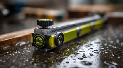 A precision spirit level tool with yellow accents rests on a wet reflective surface with water droplets