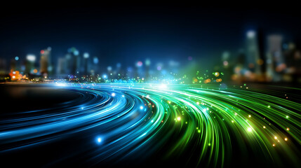 Digital technology metaverse with neon blue green gradient, cyber information streams, abstract speed connectivity, retro futuristic city visualization, meta tech communication, vi