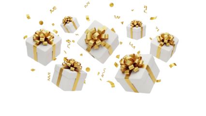 Elegant White Gift Boxes With Gold Ribbons Festive Confetti