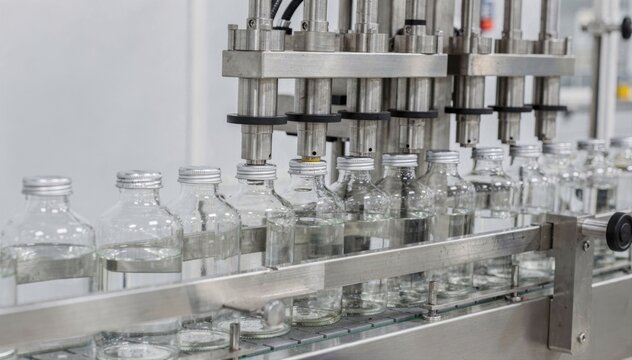 Medium shot of a capping machine securing screw caps on glass bottles focusing on torque application and seamless sealing in a clean production line environment.
