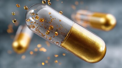 Transparent capsule with golden substance and bubbles on soft focus background for health and wellness concepts