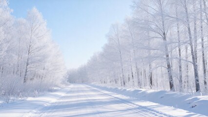 Obraz premium Snowy road through frosty forest