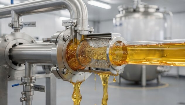 Inline strainers filtering syrup in a beverage plant highlighting the compact mechanism efficiently removing particles to ensure pristine syrup clarity before carbonation.