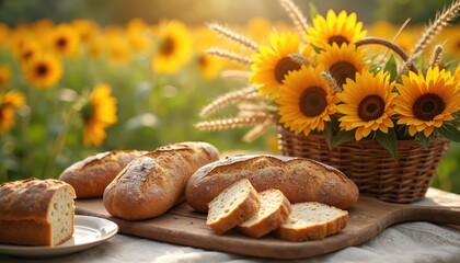 Freshly baked bread and bright sunflowers on a wooden board. A rustic outdoor scene bathed in warm sunlight evokes feelings of community and harvest bounty.