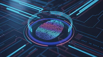 Circular Biometric Fingerprint Scan Interface with Glowing Lines on a Futuristic Digital Circuit Board.png
