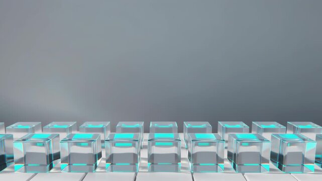 Futuristic servers with glowing blue lights in a data center facility viewed from the side