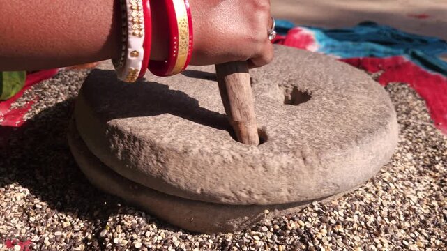 Indian woman in a rural village uses a traditional hand operated millstone (quern) to grind black gram lentils, showcasing authentic village life, heritage food preparation, and indigenous household
