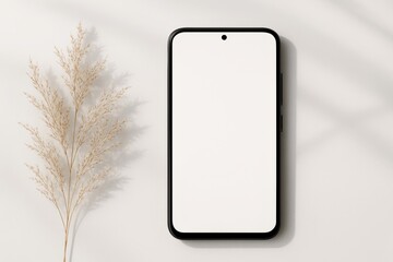 Smartphone mockup with blank white screen on light background and dried plant shadow, perfect template for branding or product display concepts. Ai generative