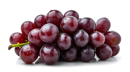 Fototapeta premium Ultra-realistic macro photograph of purple grapes, highlighting their smooth, glossy skin adorned with water droplets, deep violet tones, and a green stem, with sharp focus and high texture detail.