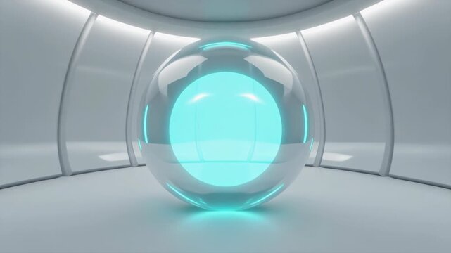 Futuristic laboratory interior with glowing blue orb in glass enclosure viewed from a futuristic corridor