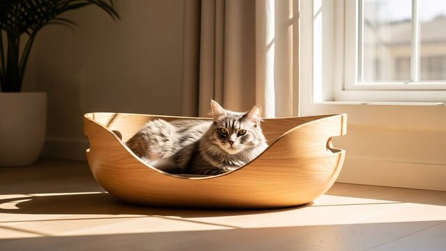 Adorable tabby cat relaxing in a stylish wooden boat-shaped bed basking in warm sunlight near a window cozy home pet comfort indoor living space - Powered by Adobe