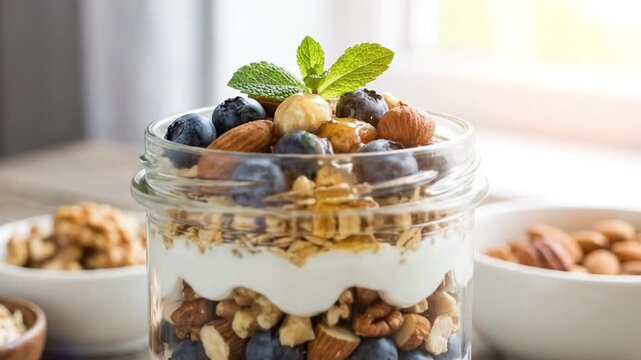 A vibrant close-up shot of a delicious and healthy layered breakfast parfait in a clear glass jar, set against a bright, softly lit background. The composition beautifully showcases creamy white yogur