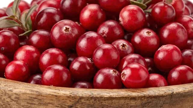 A vibrant close-up shot of fresh, ripe cranberries abundantly filling a rustic wooden bowl. The glossy, deep red berries are beautifully illuminated, highlighting their smooth texture and natural appe