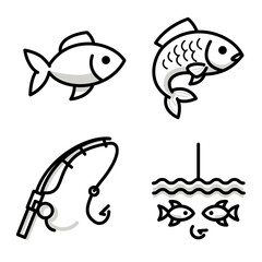 Fishing outline black gray icon set isolated on white background, Fish carp sign symbol collection