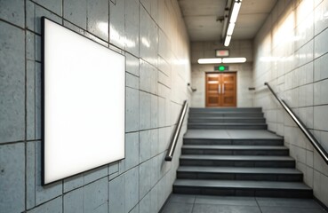 Blank white sign on tiled wall in subway station corridor. Stairs lead up to double wooden doors. Modern interior space for advertising or information.