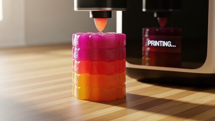 Innovative 3D printing technology bringing a brightly colored, textured model to life on a wooden surface, symbolizing digital fabrication's future