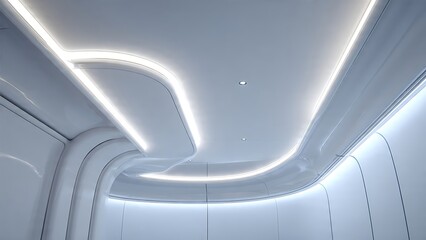 Obraz premium Futuristic interior corner with sleek curved lines and neon lighting viewed from below
