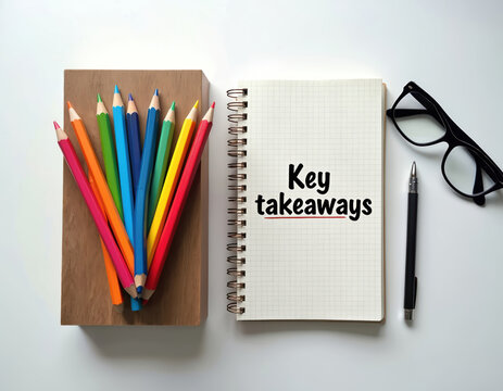 Notebook page displays Key takeaways text next to colorful pencils. Glasses and pen lie nearby on white surface. Educational or business concept for summary points and important notes.