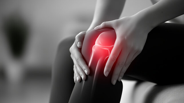A highly realistic conceptual medical photograph illustrating knee pain and joint inflammation associated with runner&acirc;s knee, osteoarthritis, arthritis, or patellar tendinitis. A w