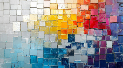 White and colorful abstract grunge glass mosaic of square tiles and mirrored surfaces, forming a textured wall background with artistic reflections and panoramic banner appeal.
