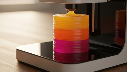 Advanced 3D Printer Actively Extruding Vibrant Multi-Colored Filaments to Construct a Layered Cylindrical Object, Showcasing Modern Additive Manufacturing Technology and Creative Design Process