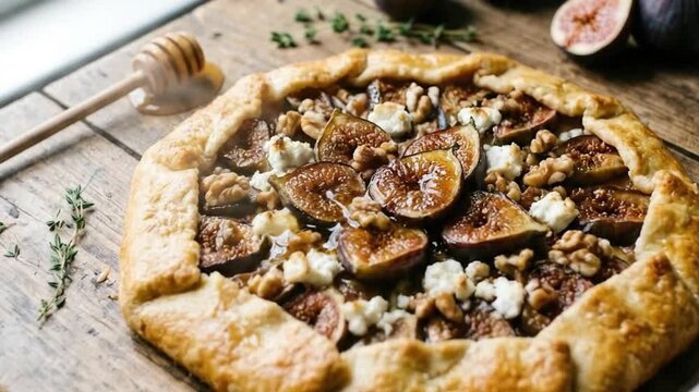 A vibrant, rustic galette featuring succulent sliced figs, crunchy walnuts, and creamy crumbled cheese, elegantly drizzled with golden honey and garnished with fresh thyme, rests on a distressed woode