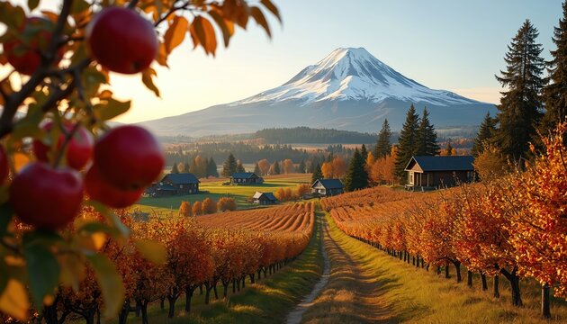 Autumn harvest in Oregon valley features Mt Hood backdrop. Rows of apple and pear orchards display vibrant fall colors with rustic farm houses. Close up of ripe red apples on tree branch.