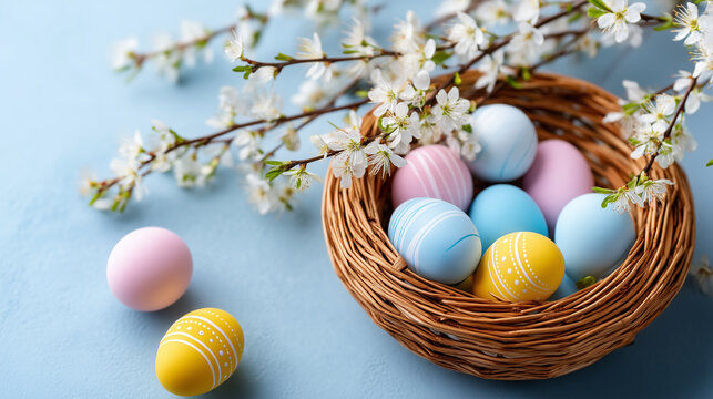 A bright and airy Easter flat lay composition featuring a woven wicker basket partially filled with pastel-colored Easter eggs, placed against a clean light blue background. Severa
