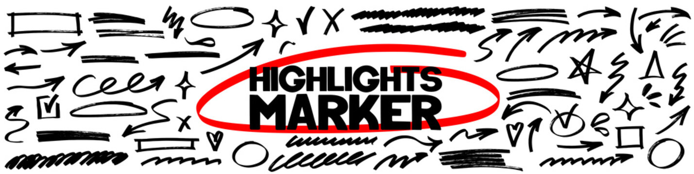 Hand drawn abstract shape with rough marker texture and brush strokes, bright highlight accents form. Clean underline details repeat highlight and marker in every shape underline.