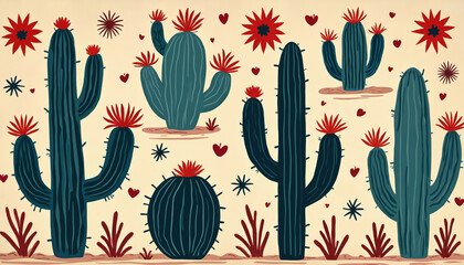 Dark teal desert cacti with red starburst flowers bloom on a light beige background. A playful seamless pattern repeats abstract botanical shapes and tiny red hearts, ideal for fabric prints.