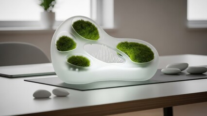 Modern biophilic desk decor featuring living moss in a futuristic, organic-shaped transparent design, bringing a touch of nature and tranquility to an interior space