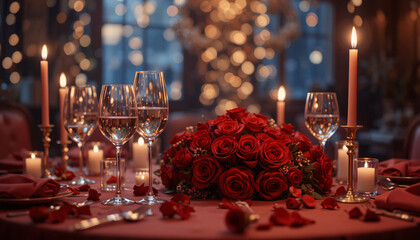 Romantic candlelight dinner setup with red roses and wine glasses on table