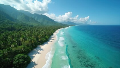 Green mountains meet tropical palm lined white sand beach and clear turquoise ocean water under blue sky. White clouds drift above calm sea waves.