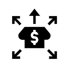 Dollar sign icon with arrows pointing outward. Use for investment blogs or e-commerce sites. Ideal for topics like revenue diversification, profit scaling, and global expansion.
