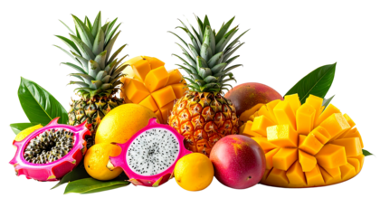 Tropical fruits including pineapple, mango, papaya, and dragon fruit, rich vibrant colours, clean composition, studio lighting, isolated on transparent background, exotic food.